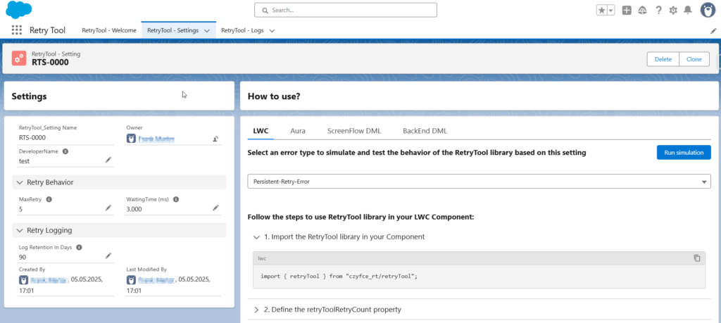 Salesforce RetryTool configuration screen showing 'RetryTool_Default' settings for Max Retry (5 attempts) and Waiting Time (3000ms) to manage transient errors.