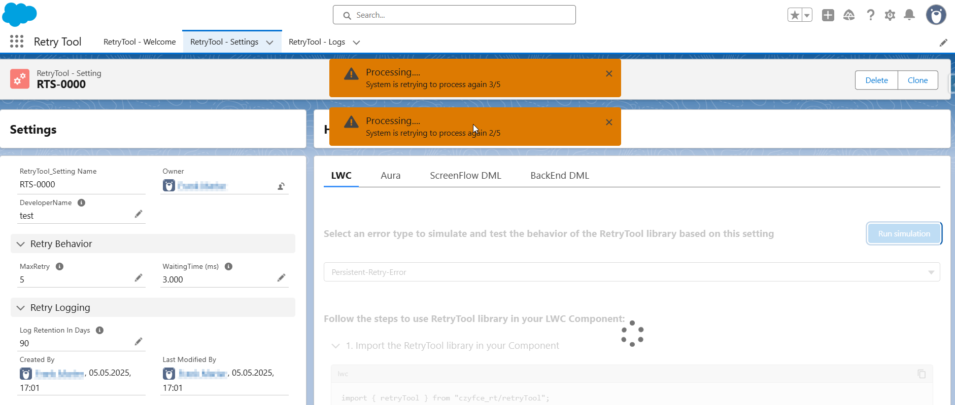 RetryTool LWC Testing Tab in Salesforce for validating persistent and non-persistent retry error scenarios.